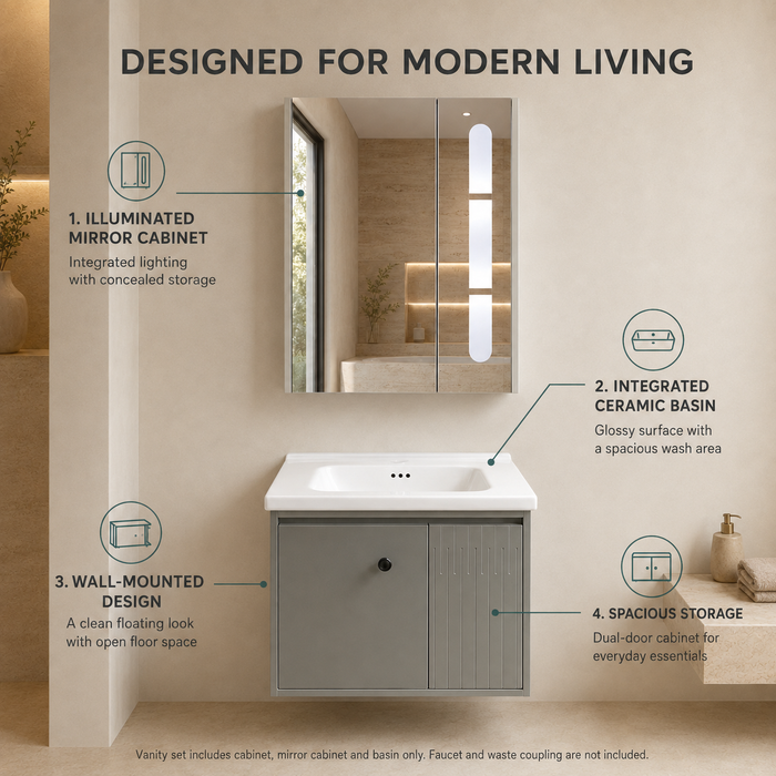 Grey wall-mounted vanity set with upper mirror cabinet and lower storage cabinet doors open, showing spacious internal storage.
