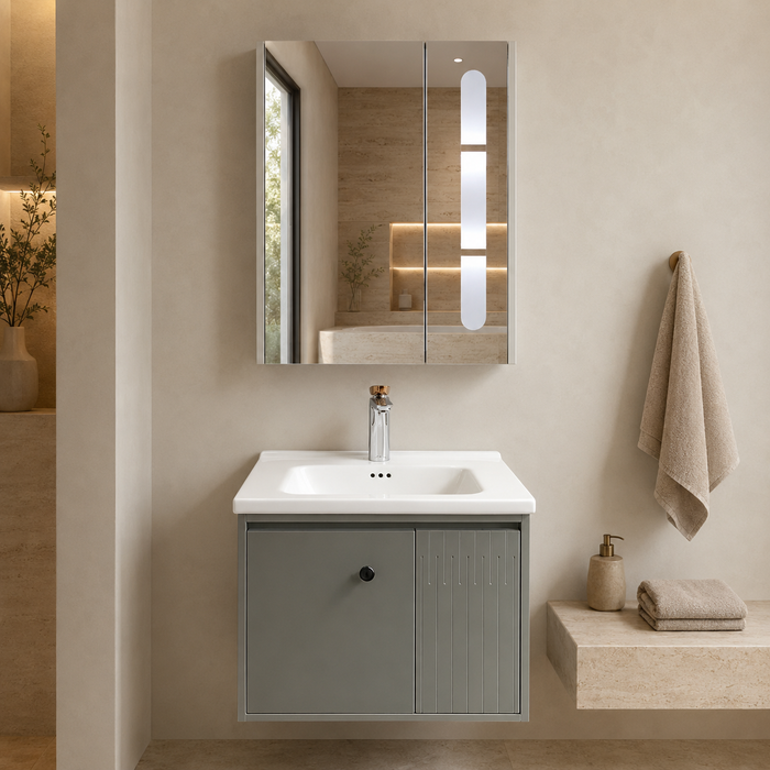 Grey wall-mounted vanity set with upper mirror cabinet and lower storage cabinet doors open, showing spacious internal storage.