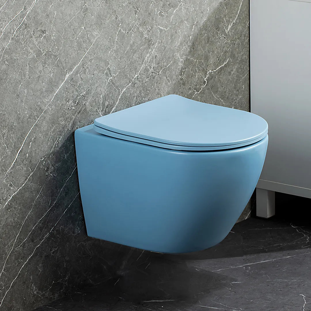 Bassino Ceramic Wall Mount/Wall Hung Western Toilet/Commode/Water Closet /European Commode P Trap Outlet Is From WALL With Soft Close Seat Cover For Bathrooms (Size : 490*360*360mm) FULL MATT BLUE HIGH TEMPERATURE