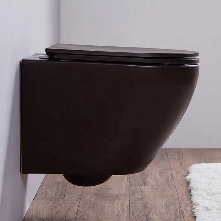 Bassino Ceramic Wall Mount/Wall Hung Western Toilet/Commode/Water Closet /European Commode P Trap Outlet Is From WALL With Soft Close Seat Cover For Bathrooms (Size : 500*365*350mm) FULL MATT BROWN HIGH TEMPERATURE