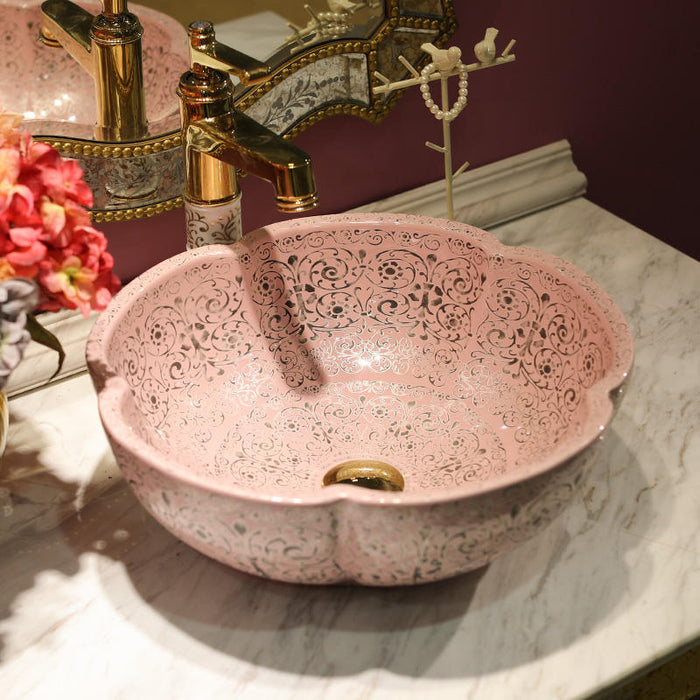 Designer Round Ceramic Wash Basin (Matt Pink, Floral Art Design 16.5 x 16.5 x5 In- AB602)