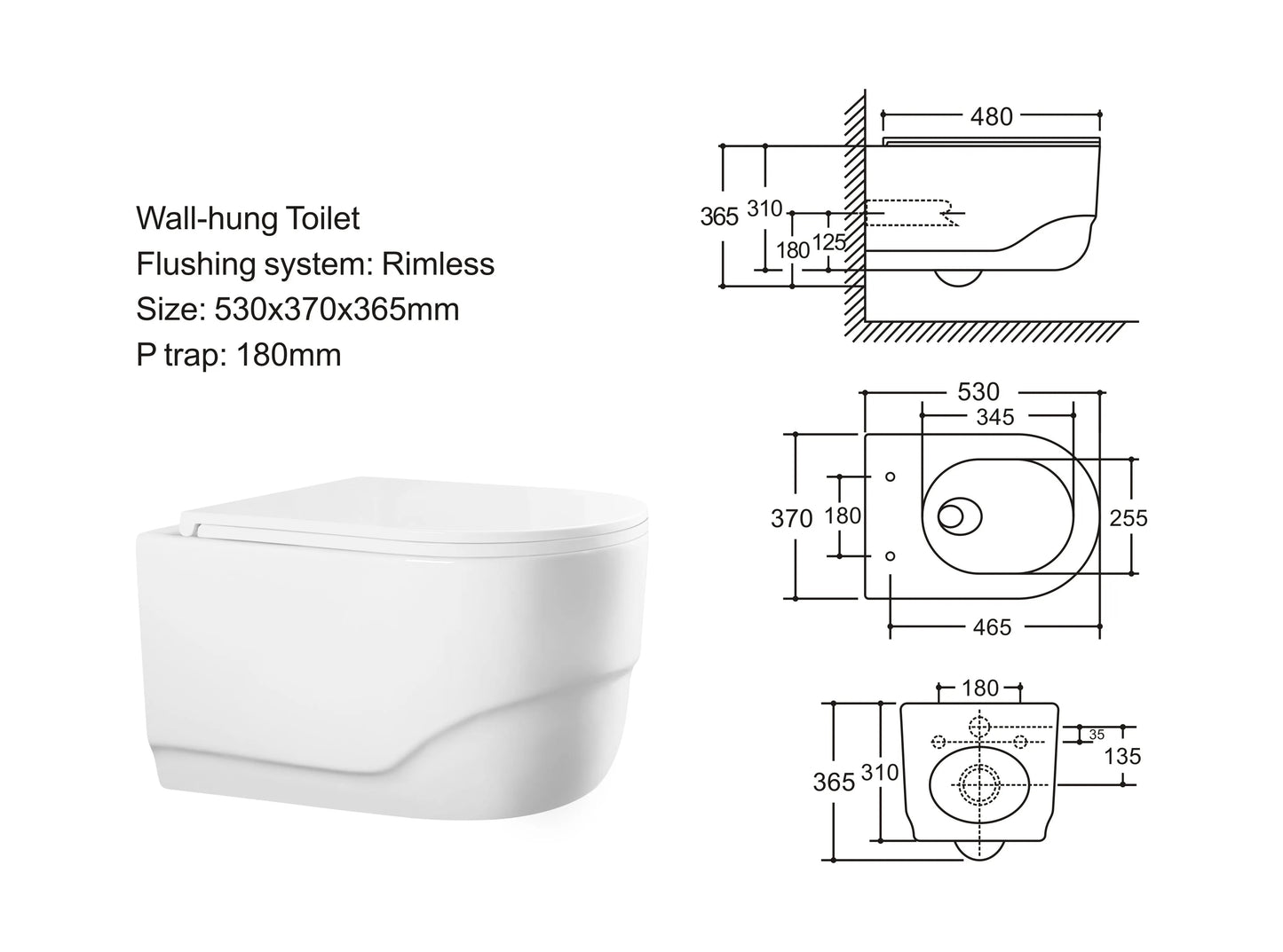 Bassino Ceramic Wall Mount/Wall Hung Western Toilet/Commode/Water Closet /European Commode P Trap Outlet Is From WALL With Soft Close Seat Cover For Bathrooms (Size : 530*370*360mm)