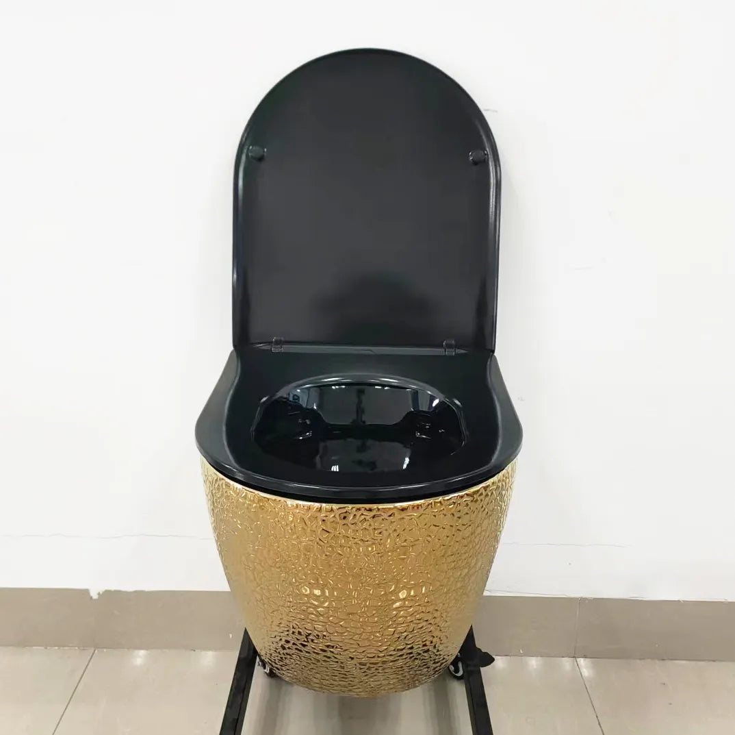 Bassino Ceramic Wall Mount/Wall Hung Western Toilet/Commode/Water Closet /European Commode P Trap Outlet Is From WALL With Soft Close Seat Cover For Bathrooms (Size : 490*370*370mm) BLACK GLOSSY-GOLD TEXTURED