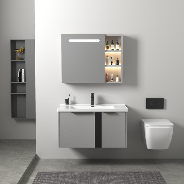 Plywood bathroom vanities and cabinets with led mirror cabinet with ceramic basin
