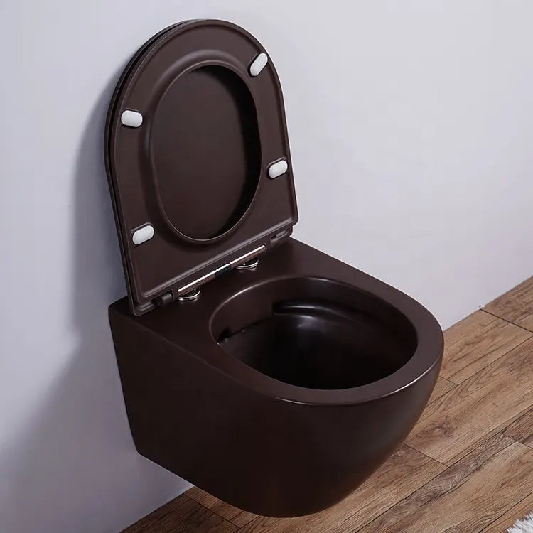 Bassino Ceramic Wall Mount/Wall Hung Western Toilet/Commode/Water Closet /European Commode P Trap Outlet Is From WALL With Soft Close Seat Cover For Bathrooms (Size : 500*365*350mm) FULL MATT BROWN HIGH TEMPERATURE