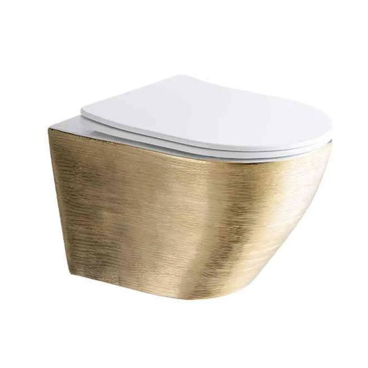 Bassino Ceramic Wall Mount/Wall Hung Western Toilet/Commode/Water Closet /European Commode P Trap Outlet Is From WALL With Soft Close Seat Cover For Bathrooms (Size : 480*365*380mm) WHITE & GOLD