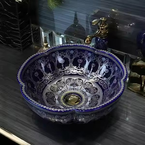 Designer Round Ceramic Wash Basin (Glossy Blue, Floral Art Design 16.5 x 16.5 x5 In- AB601)