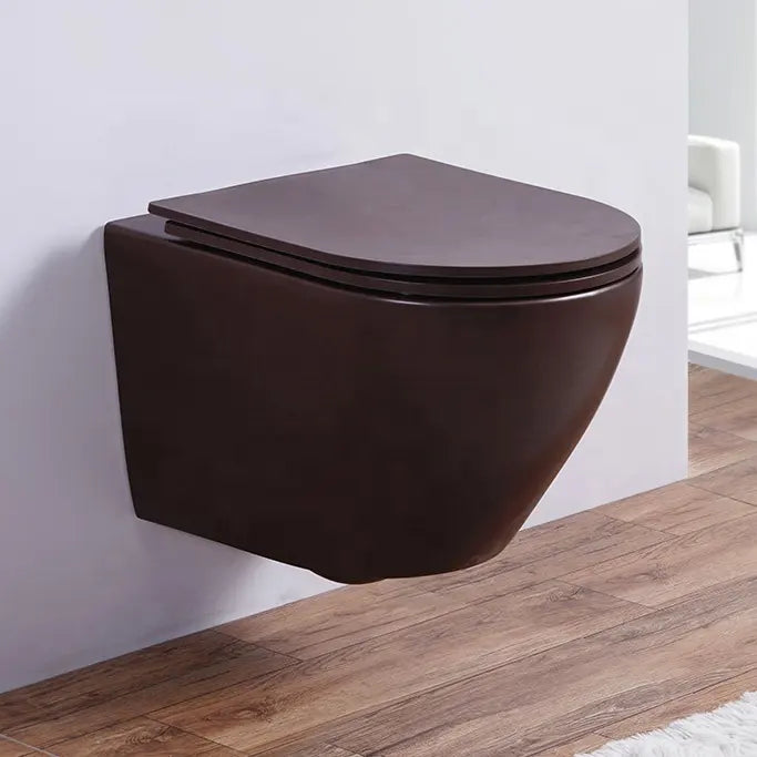 Bassino Ceramic Wall Mount/Wall Hung Western Toilet/Commode/Water Closet /European Commode P Trap Outlet Is From WALL With Soft Close Seat Cover For Bathrooms (Size : 500*365*350mm) FULL MATT BROWN HIGH TEMPERATURE