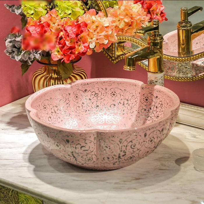Designer Round Ceramic Wash Basin (Matt Pink, Floral Art Design 16.5 x 16.5 x5 In- AB602)