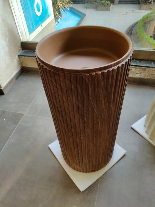 Bassino Wooden Texture Pedestal Basin – Artificial Stone /460×460×920 mm (18×18×36 inch / 46×46×92 cm)