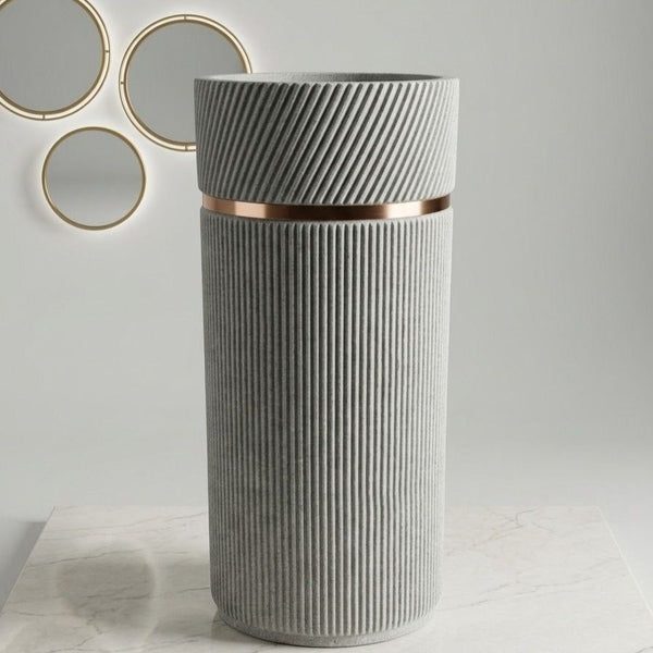 Bassino Designer Pedestal Basin (16 x 16 x 34 Inches) – Textured Grey Fluted Freestanding Wash Basin with Gold Accent Ring