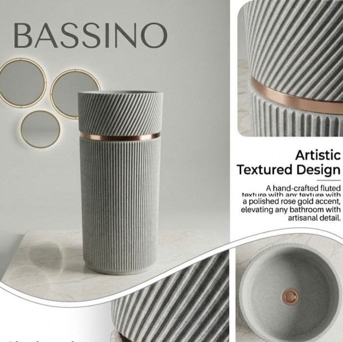 Bassino Designer Pedestal Basin (16 x 16 x 34 Inches) – Textured Grey Fluted Freestanding Wash Basin with Gold Accent Ring