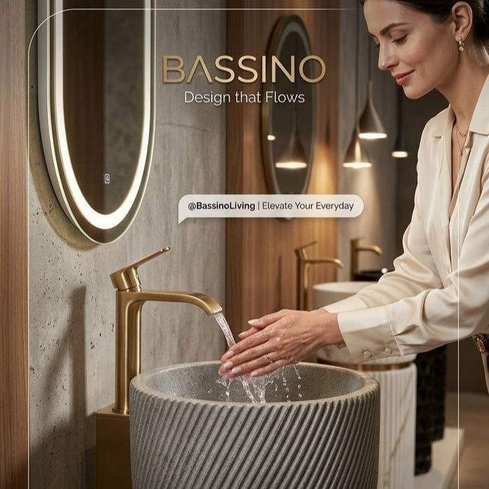 Bassino Designer Pedestal Basin (16 x 16 x 34 Inches) – Textured Grey Fluted Freestanding Wash Basin with Gold Accent Ring