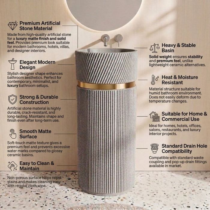Bassino Designer Pedestal Basin (16 x 16 x 34 Inches) – Textured Grey Fluted Freestanding Wash Basin with Gold Accent Ring