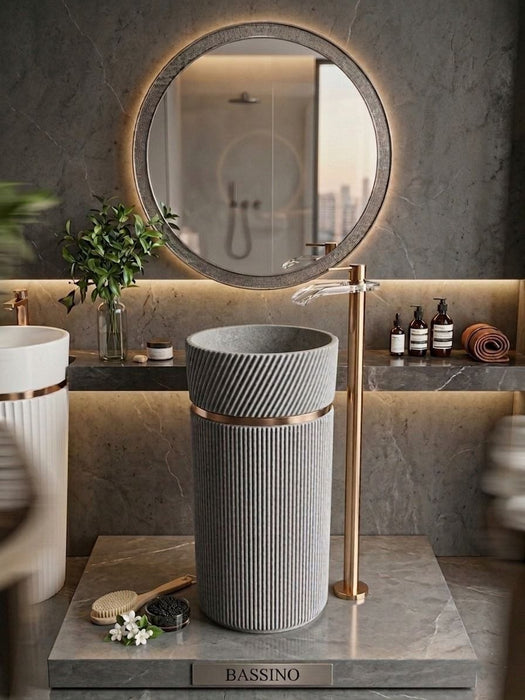 Bassino Designer Pedestal Basin (16 x 16 x 34 Inches) – Textured Grey Fluted Freestanding Wash Basin with Gold Accent Ring
