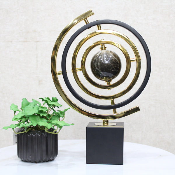 Modern Abstract Metal Globe Sculpture – Decorative Sculpture with Rectangular Base in Black and Gold Minimalist for Office Entryway 22X8X34