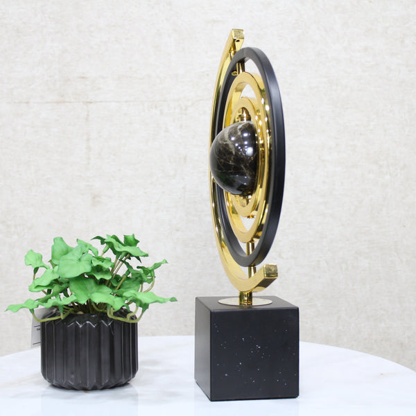 Modern Abstract Metal Globe Sculpture – Decorative Sculpture with Rectangular Base in Black and Gold Minimalist for Office Entryway 22X8X34