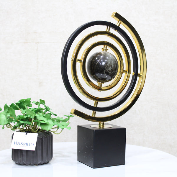 Modern Abstract Metal Globe Sculpture – Decorative Sculpture with Rectangular Base in Black and Gold Minimalist for Office Entryway 22X8X34