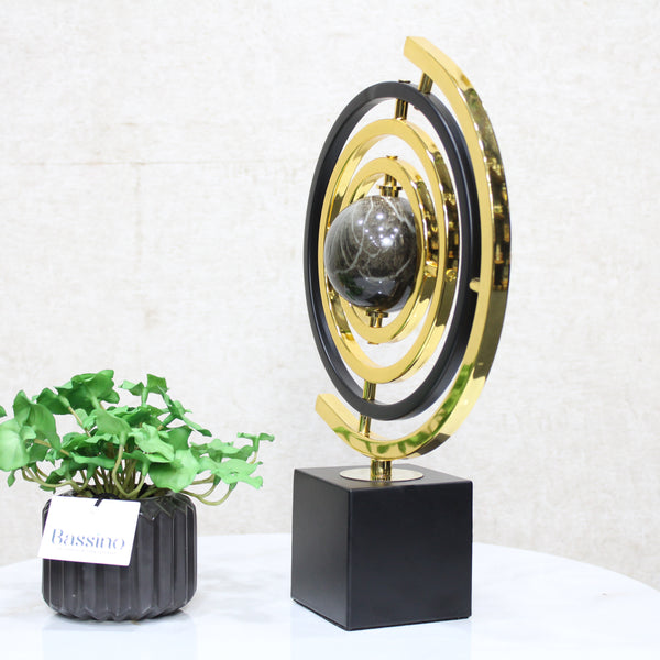 Modern Abstract Metal Globe Sculpture – Decorative Sculpture with Rectangular Base in Black and Gold Minimalist for Office Entryway 22X8X34