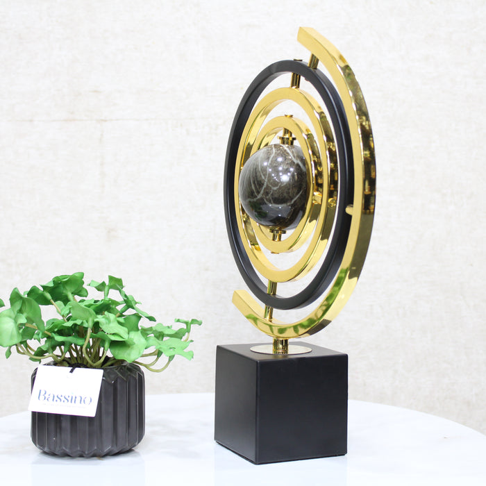 Modern Abstract Metal Globe Sculpture – Decorative Sculpture with Rectangular Base in Black and Gold Minimalist for Shelf Office Entryway 22X8X34