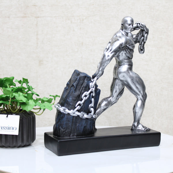 Decor Uncle Muscle Silver Man Pulling Weights Statue | Elegant Fitness Decor for Home & Office, Unique Decorative Showpiece, for Fitness Trainer (Pack of 1) BSP-8302-2  L 29 W 9 H28