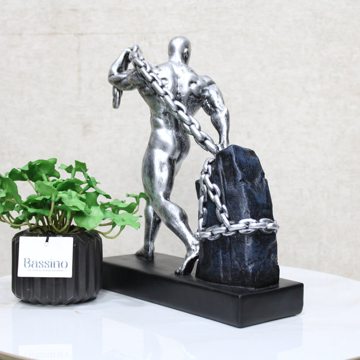 Decor Uncle Muscle Silver Man Pulling Weights Statue | Elegant Fitness Decor for Home & Office, Unique Decorative Showpiece, for Fitness Trainer (Pack of 1) BSP-8302  L 29 W 9 H28