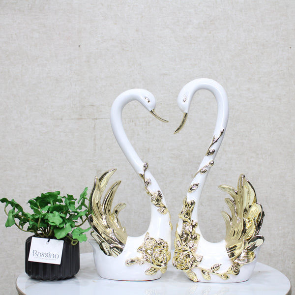Swan Pair Showpiece | Duck Showpiece for Home, Living Room, Bedroom or Office Decorative Showpiece Gift Item | Marble, White and Gold (Set of 2) (BSP-8162) L 33 W 12 H 34 CM