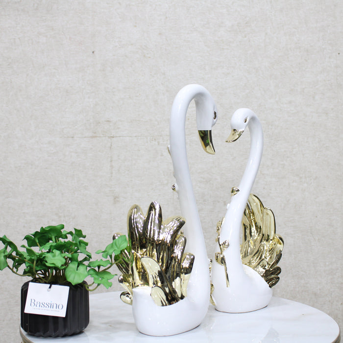 Swan Pair Showpiece | Duck Showpiece for Home, Living Room, Bedroom or Office Decorative Showpiece Gift Item | Marble, White and Gold (Set of 2) (BSP-8162) L 33 W 12 H 34 CM