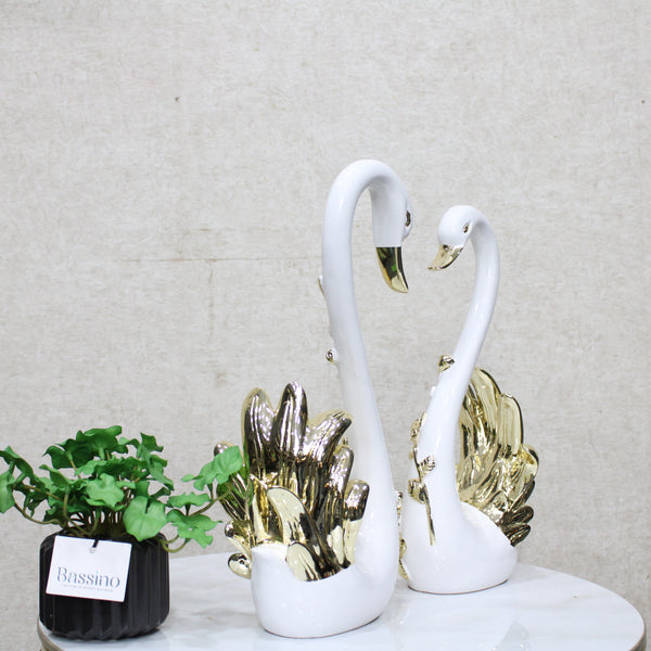 Swan Pair Showpiece | Duck Showpiece for Home, Living Room, Bedroom or Office Decorative Showpiece Gift Item | Marble, White and Gold (Set of 2) (BSP-8162) L 33 W 12 H 34 CM