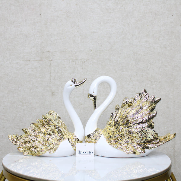 Swan Pair Showpiece | Duck Showpiece for Home, Living Room, Bedroom or Office Decorative Showpiece Gift Item | Marble, White and Gold (Set of 2) (BSP-8166) L 33 W 12 H 34 CM