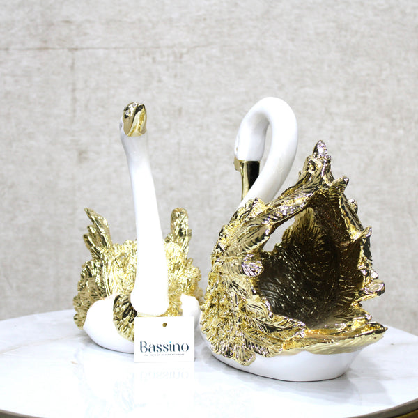 Swan Pair Showpiece | Duck Showpiece for Home, Living Room, Bedroom or Office Decorative Showpiece Gift Item | Marble, White and Gold (Set of 2) (BSP-8166) L 33 W 12 H 34 CM