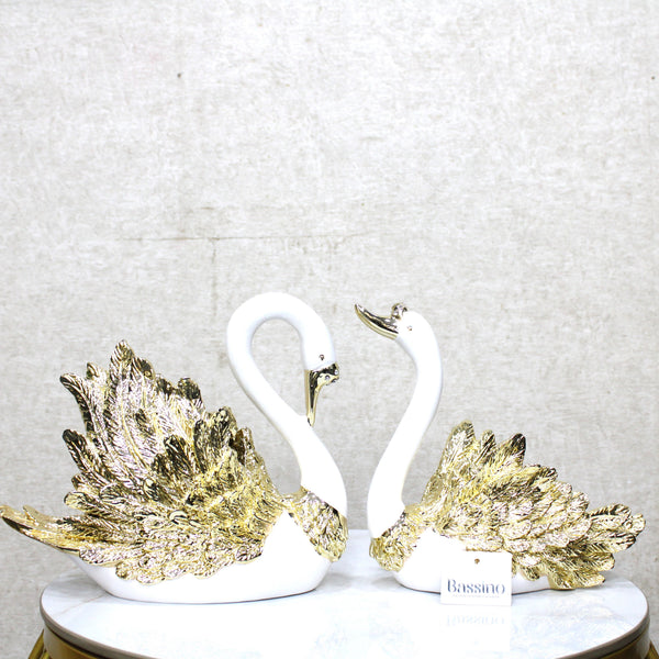 Swan Pair Showpiece | Duck Showpiece for Home, Living Room, Bedroom or Office Decorative Showpiece Gift Item | Marble, White and Gold (Set of 2) (BSP-8166) L 33 W 12 H 34 CM