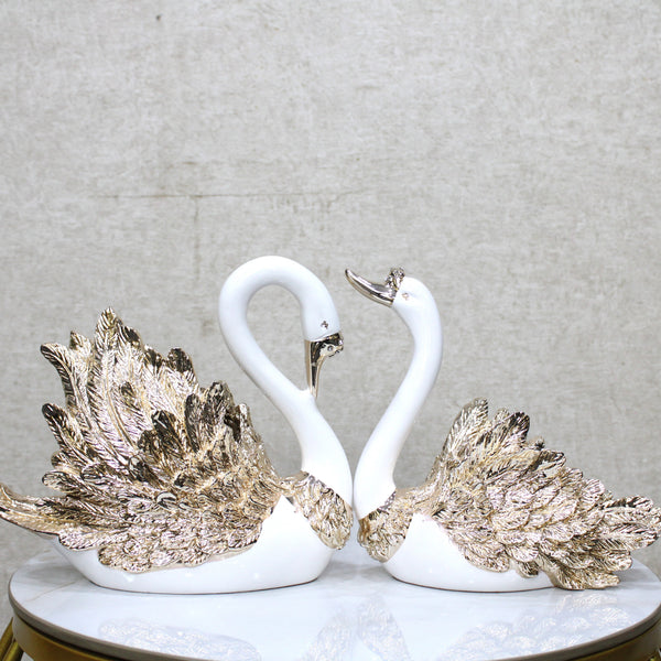 Swan Pair Showpiece | Duck Showpiece for Home, Living Room, Bedroom or Office Decorative Showpiece Gift Item | Marble, White and Gold (Set of 2) (BSP-8160) L 33 W 12 H 34 CM