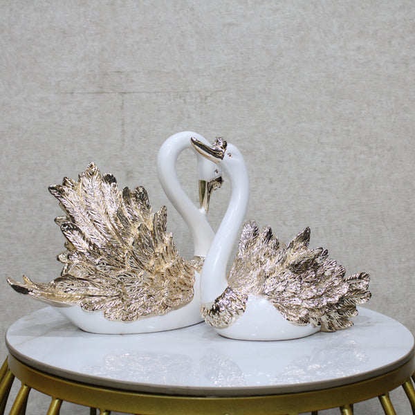 Swan Pair Showpiece | Duck Showpiece for Home, Living Room, Bedroom or Office Decorative Showpiece Gift Item | Marble, White and Gold (Set of 2) (BSP-8160) L 33 W 12 H 34 CM