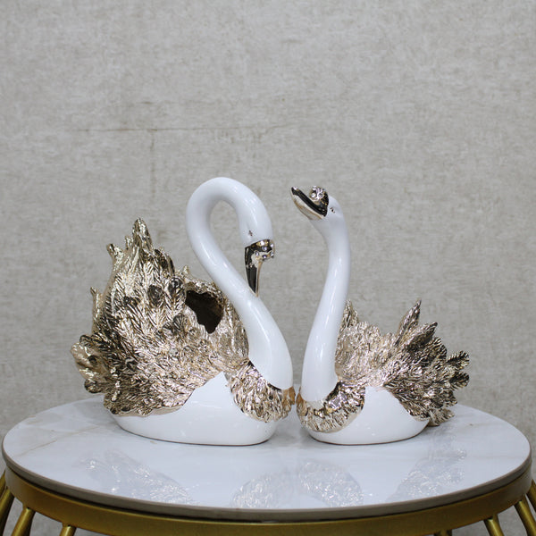 Swan Pair Showpiece | Duck Showpiece for Home, Living Room, Bedroom or Office Decorative Showpiece Gift Item | Marble, White and Gold (Set of 2) (BSP-8160) L 33 W 12 H 34 CM