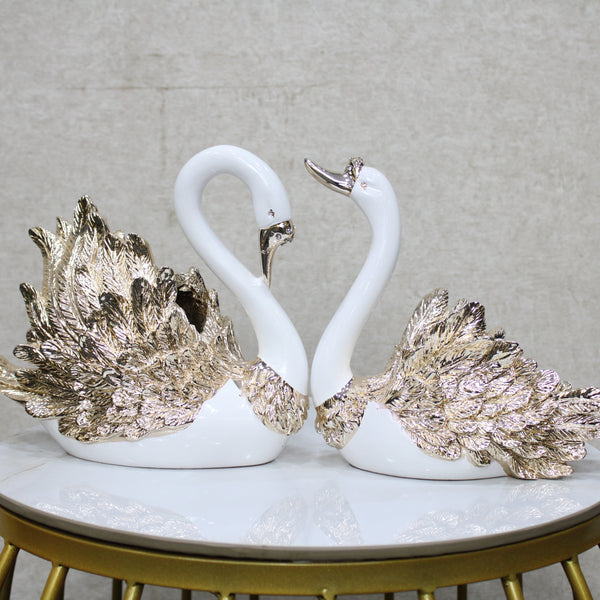 Swan Pair Showpiece | Duck Showpiece for Home, Living Room, Bedroom or Office Decorative Showpiece Gift Item | Marble, White and Gold (Set of 2) (BSP-8160) L 33 W 12 H 34 CM