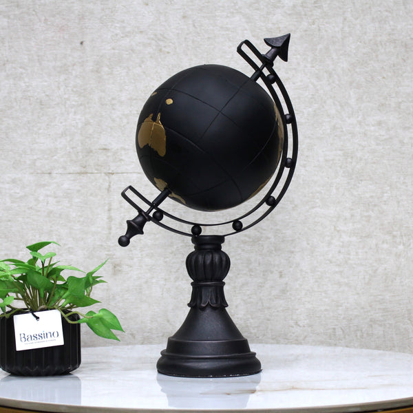 Contemporary World Globle Sculpture Black Base with Gold Detailing – Geographical Art for Modern Interiors 15 Inch (BSP-8064)