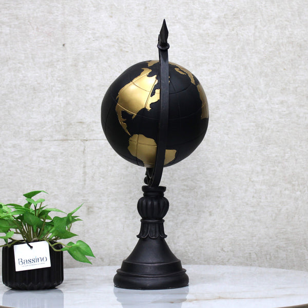 Contemporary World Globle Sculpture Black Base with Gold Detailing – Geographical Art for Modern Interiors 15 Inch (BSP-8064)