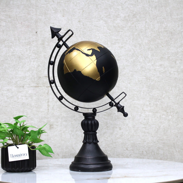 Contemporary World Globle Sculpture Black Base with Gold Detailing – Geographical Art for Modern Interiors 15 Inch (BSP-8064)