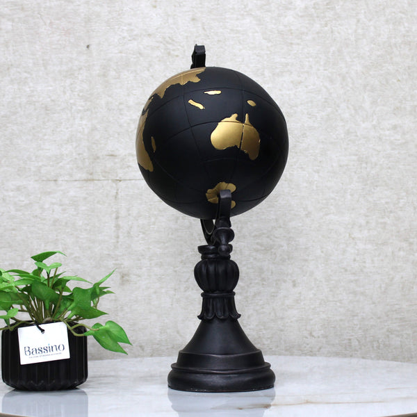 Contemporary World Globle Sculpture Black Base with Gold Detailing – Geographical Art for Modern Interiors 15 Inch (BSP-8064)