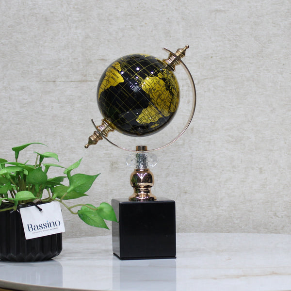 Elegant Black & Gold Decorative World Globe with Rotating Axis – Modern Tabletop Decor – Geographical Art for Modern Interiors