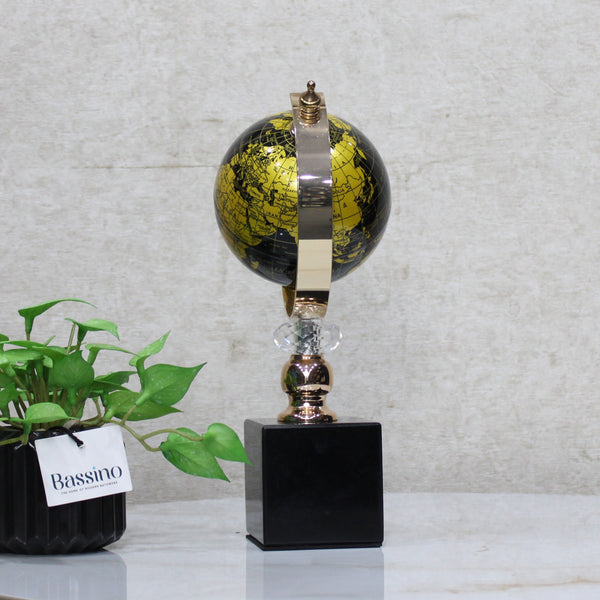 Elegant Black & Gold Decorative World Globe with Rotating Axis – Modern Tabletop Decor – Geographical Art for Modern Interiors