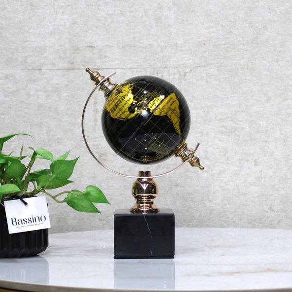 Elegant Black & Gold Decorative World Globe with Rotating Axis – Modern Tabletop Decor – Geographical Art for Modern Interiors