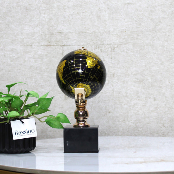 Elegant Black & Gold Decorative World Globe with Rotating Axis – Modern Tabletop Decor – Geographical Art for Modern Interiors