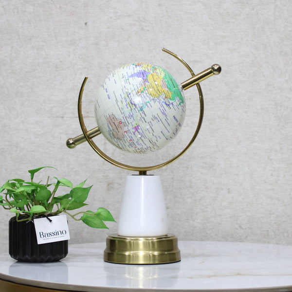 Elegant White & Gold Decorative World Globe with Rotating Axis, Modern Tabletop Decor - Geographical Art for Modern Interiors 13 Inch (BSP-8135)