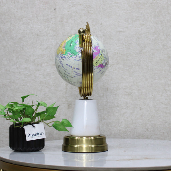 Elegant White & Gold Decorative World Globe with Rotating Axis, Modern Tabletop Decor - Geographical Art for Modern Interiors 13 Inch (BSP-8135)