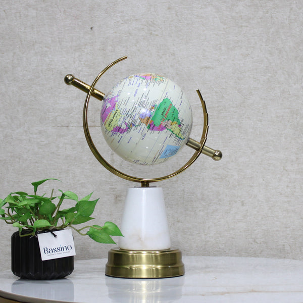 Elegant White & Gold Decorative World Globe with Rotating Axis, Modern Tabletop Decor - Geographical Art for Modern Interiors 13 Inch (BSP-8135)