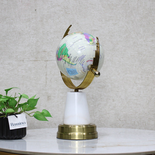 Elegant White & Gold Decorative World Globe with Rotating Axis, Modern Tabletop Decor - Geographical Art for Modern Interiors 13 Inch (BSP-8135)
