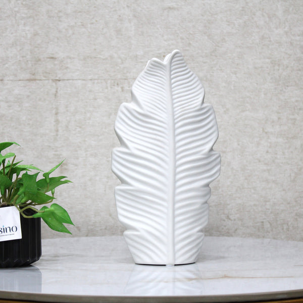 Textured White Leaf Vase - Modern Decorative Accent (Set of 1)