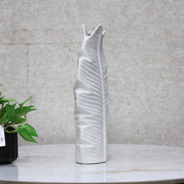 Textured White Leaf Vase - Modern Decorative Accent (Set of 1)